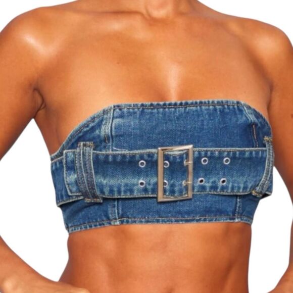 Pretty Little Thing Denim Mini Bandeau Buckle Vintage Wash Sz 6 NWT - Picture 6 of 9